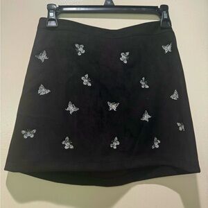 Girls - Black Faux Swede Skirt with Silver Butterflies Stitched on front